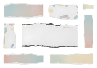Collection of abstract pastel colored torn paper strips isolated on transparent background