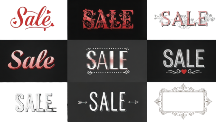 Nine Stylized Decorative SALE Text Vector Collection Graphics and Ornate Frame isolated PNG with Transparent Background