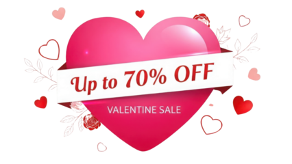 Valentine Sale Banner Vector Illustration with Pink Glossy Heart and "Up to 70% OFF" Text isolated PNG with Transparent Background