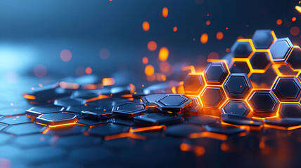Interlocking hexagonal panels with glowing edges create dynamic visual effect, showcasing modern design and technology