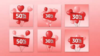 Collection of vibrant sale banners with red heart shaped balloons and percentage discount offers on pink backgrounds