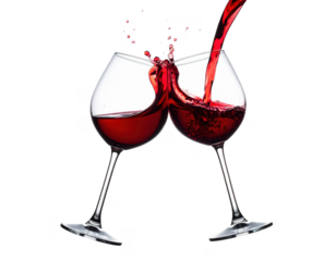 A pair of wine glasses clinking with a splash of red wine,white background