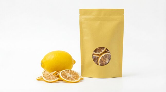 Refreshing citrus: fresh lemon and dried slices with a kraft paper pouch of natural dehydrated fruit