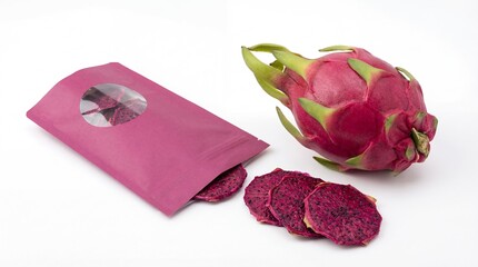 Vibrant fresh dragon fruit alongside a pink pouch filled with delicious dried slices