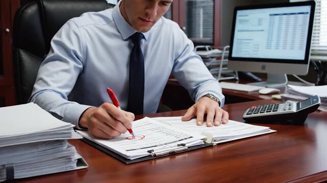 A businessman signs documents at a wooden desk, surrounded by stacks, calculator, laptop and screen