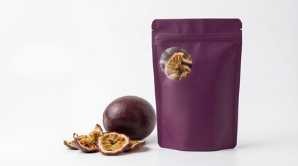 Premium purple pouch showcasing dried passion fruit with whole and sliced fresh fruit
