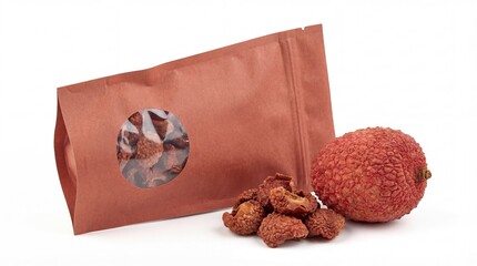 Delicious dried lychee fruit in a stand-up brown pouch with fresh lychee on white background
