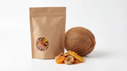 Natural kraft stand-up pouch with mixed dried fruit and a whole coconut
