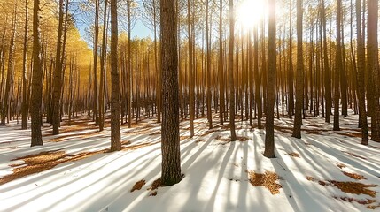 Serene Forest Landscape with Snow and Autumn Leaves Illuminated by Bright Sunlight