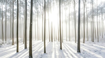 Serene Winter Forest with Sunlight Filtering Through Tall Trees and Snowy Ground