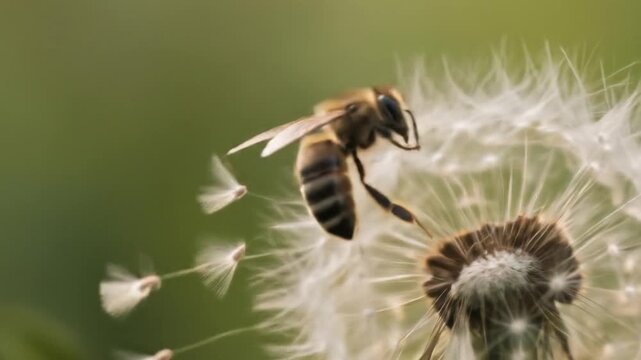 A beautiful close up video of a bee pollinating a dandelion, capturing the essence of summer and