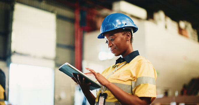 Tablet, industry and black woman in warehouse with email for cargo information with supply chain. Digital technology, export and African logistics manager with online inventory for stock delivery.
