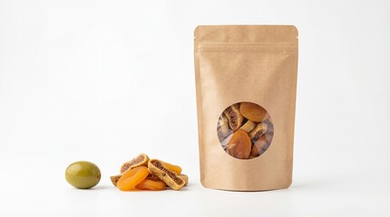 Kraft stand-up pouch with window displaying various dried fruits and a fresh olive