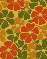 Retro floral seamless pattern in warm yellow, orange and green, vintage flower background for textiles, wallpaper and spring design