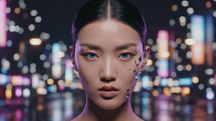 Captivating portrait of a futuristic human face experiencing digital data glitching and pixelation set against a vibrant cyberpunk city background with electric lightning symbolizing artificial intel. - Powered by Adobe