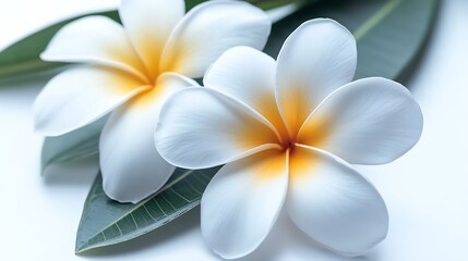 Elegant White Flowers with Yellow Center on Green Leaves Against a Soft Background