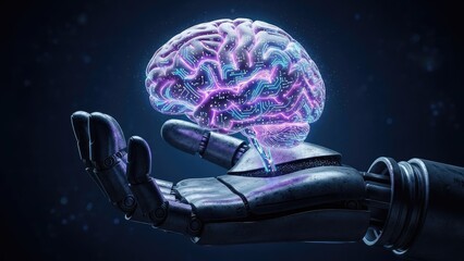 Robotic hand cradling a glowing digital brain, symbolizing AI and future technological advancement