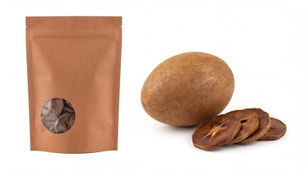 Kraft paper pouch with dried kiwi slices next to a whole kiwi fruit and additional dried slices