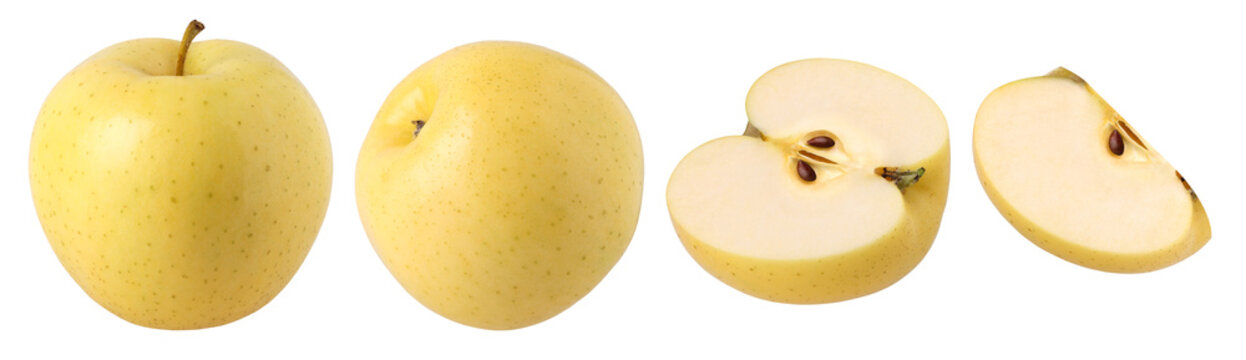 yellow apple, half and slices isolated,  transparent PNG, cut out