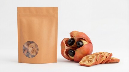Ackee fruit: fresh and dried slices with a kraft paper stand-up pouch for packaging