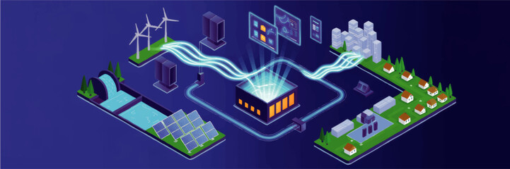 Smart renewable energy grid isometric illustration with solar panels, wind turbines, hydro power plant and futuristic data control center