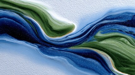 Abstract fluid art background with swirling blue and green waves and golden glitter.