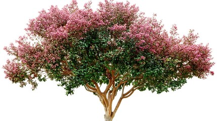 Vibrant flowering tree with lush green leaves and pink blossoms against a white background