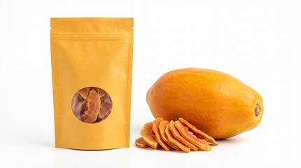 Delicious dried papaya slices in a stand-up pouch next to fresh whole fruit