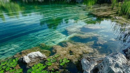 Clear Tranquil Lake Water with Green Algae and Stones in a Natural Scenic Environment