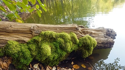 Green Mossy Log by Serene Lake Surrounded by Lush Nature and Reflecting Water Surface