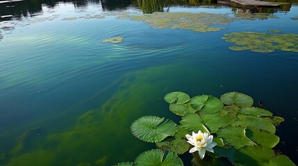 Serene Pond with Water Lily and Green Leaves in Calm Waters on a Sunny Day