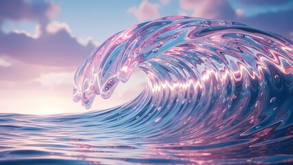 Surreal abstract ocean wave formed from iridescent liquid glass in pastel colors. 