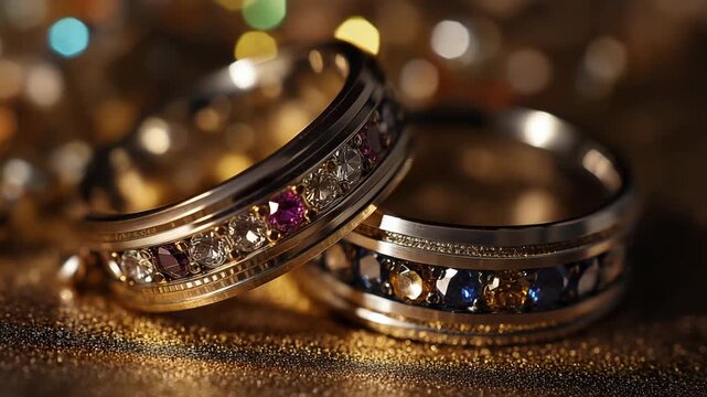 These exquisite wedding rings showcase exceptional craftsmanship with stunning gemstones set against a glittery background, adding sophistication and elegance to any celebration of love and commitment