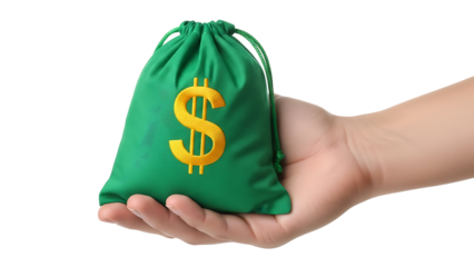 Hand holding a green money bag with a yellow dollar sign against a bright white ready for compositing on white and transparent background