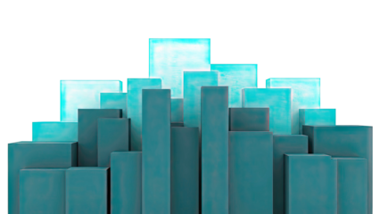 Abstract teal and turquoise geometric blocks against white background