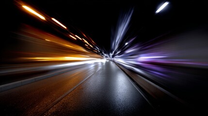 Abstract 3D render of high speed light streaks in a night tunnel.