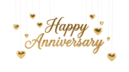 Happy anniversary text in gold script with small heart shapes scattered around the words object on white and png
