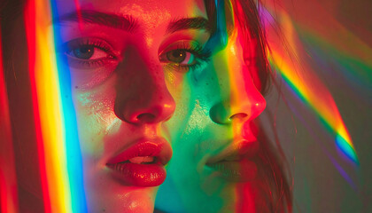 Fototapeta premium Prismatic Reflection: An artistic image captures a woman's face through a prism of colors, emphasizing the beauty of diversity and the power of light, while creating a unique visual experience.
