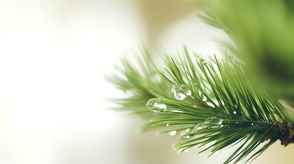 Close-up of Fresh Green Pine Needle with Water Droplets on a Soft Blurred Background