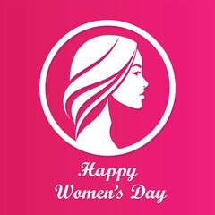 Happy Women&rsquo;s Day vector illustration featuring a female profile silhouette inside a circular frame on a pink gradient background, clean modern style ideal for posters, social media, banners, and even