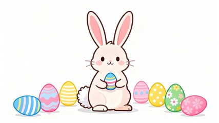 Easter greeting card design with bunny and eggs, white background. Vector style, isolated elements for easy printing and overlaying.