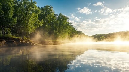 Serene Morning Mist Over Calm Water Surrounded by Lush Green Trees and Blue Sky