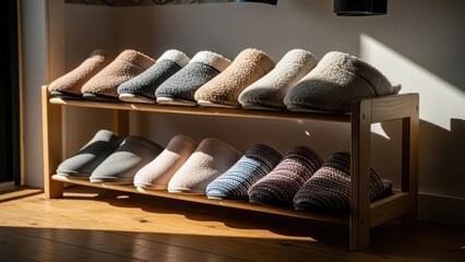 Cozy assorted indoor slippers on wooden rack in sunlit room with hardwood floor and minimalist decor for comfort and style