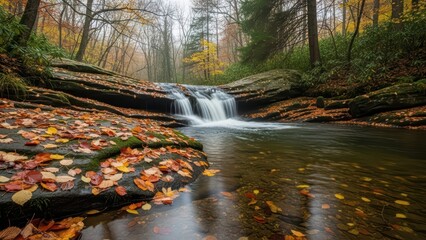 Serene autumn forest waterfall with vibrant fall foliage and clear flowing stream in tranquil woodland scene