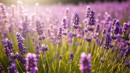Obraz premium Lavender Field at Sunset Purple Flowers Summer Bloom Soft Sunlight.