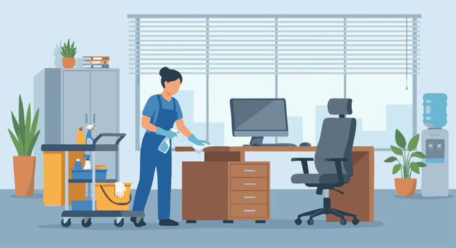 &nbsp;Cleaner in Office Environment
A flat vector illustration of a cleaner cleaning an office space. Desk, computer, and chair visible in the background. Flat vector style, professional workplace setting.