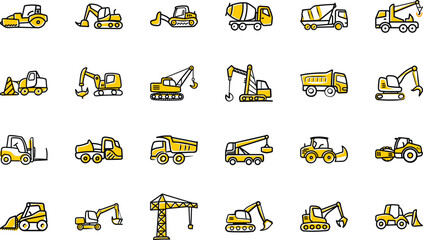  Cute Hand-Drawn Yellow Construction Vehicles Icon Set: Bulldozer, Excavator, Loader, Dump Truck, Crane, Forklift, Roller & Heavy Machinery Doodle Illustrations PNG Transparent Background © MDABDUL