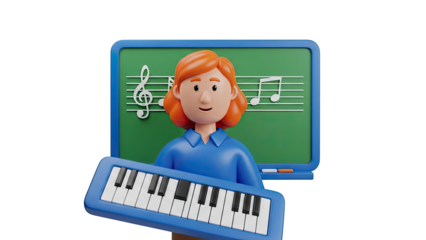 3D Animation Character with Piano and Music Notes on Blackboard