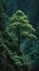 Vibrant green tree on a steep, dark, lush forest mountainside