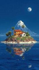 Vibrant island house at night, calm sea reflects moon, snowy peak
